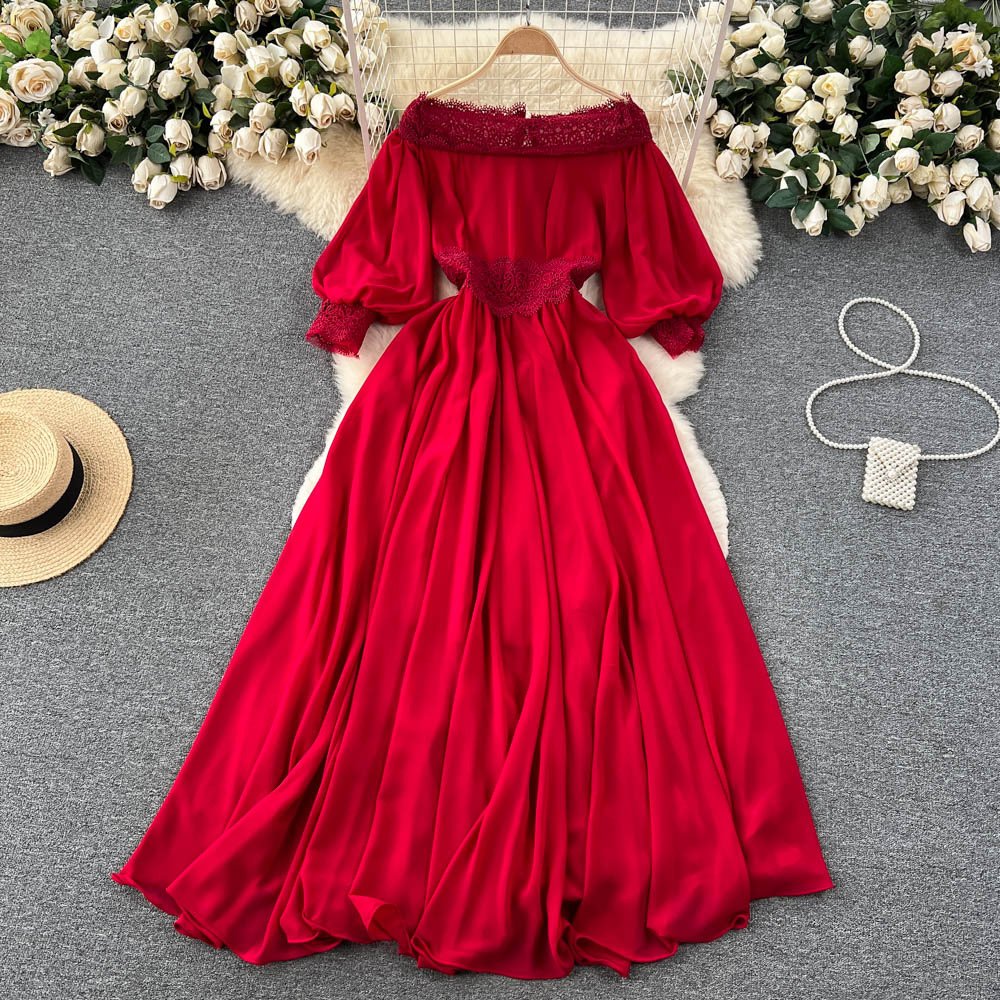 Customized style one line neck dress women's summer lace hook flower high-end feeling solid color casual dresses