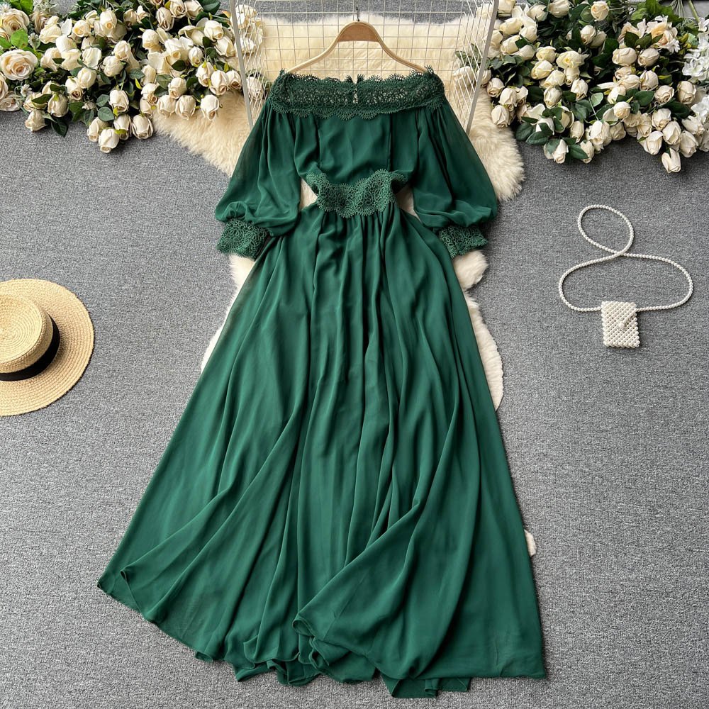 Customized style one line neck dress women's summer lace hook flower high-end feeling solid color casual dresses