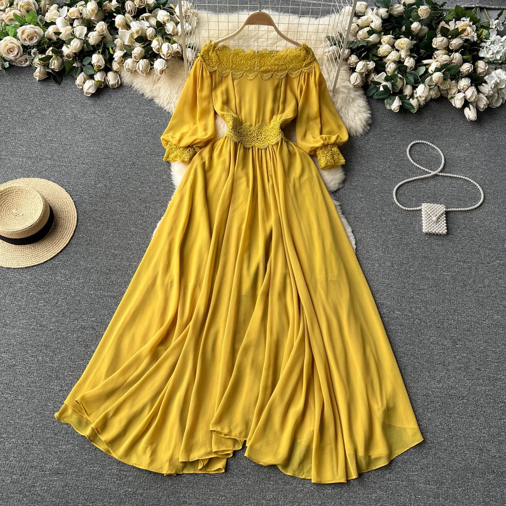 Customized style one line neck dress women's summer lace hook flower high-end feeling solid color casual dresses