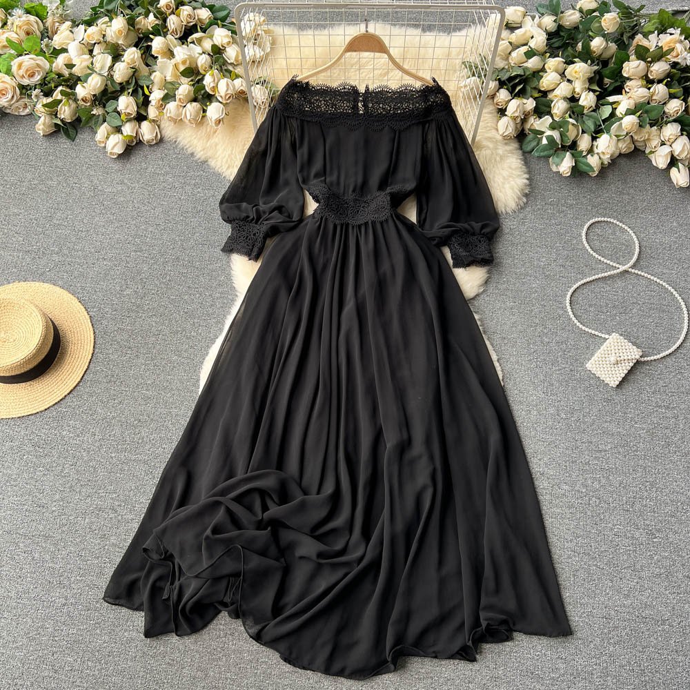 Customized style one line neck dress women's summer lace hook flower high-end feeling solid color casual dresses