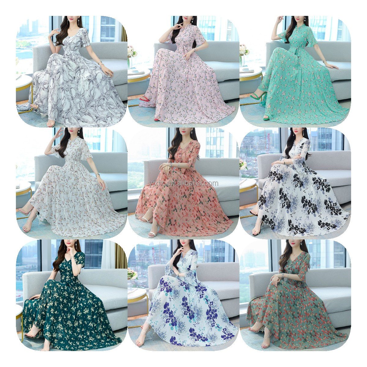 Summer Fair Lady Round Collar Waist Beach Skirt Chiffon Dress Of High Quality