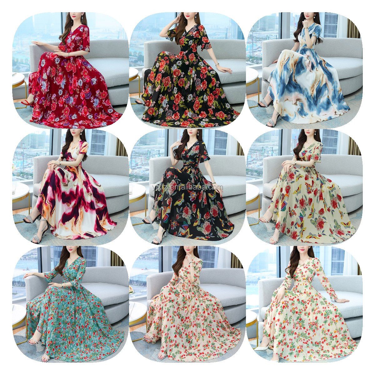 Summer Fair Lady Round Collar Waist Beach Skirt Chiffon Dress Of High Quality