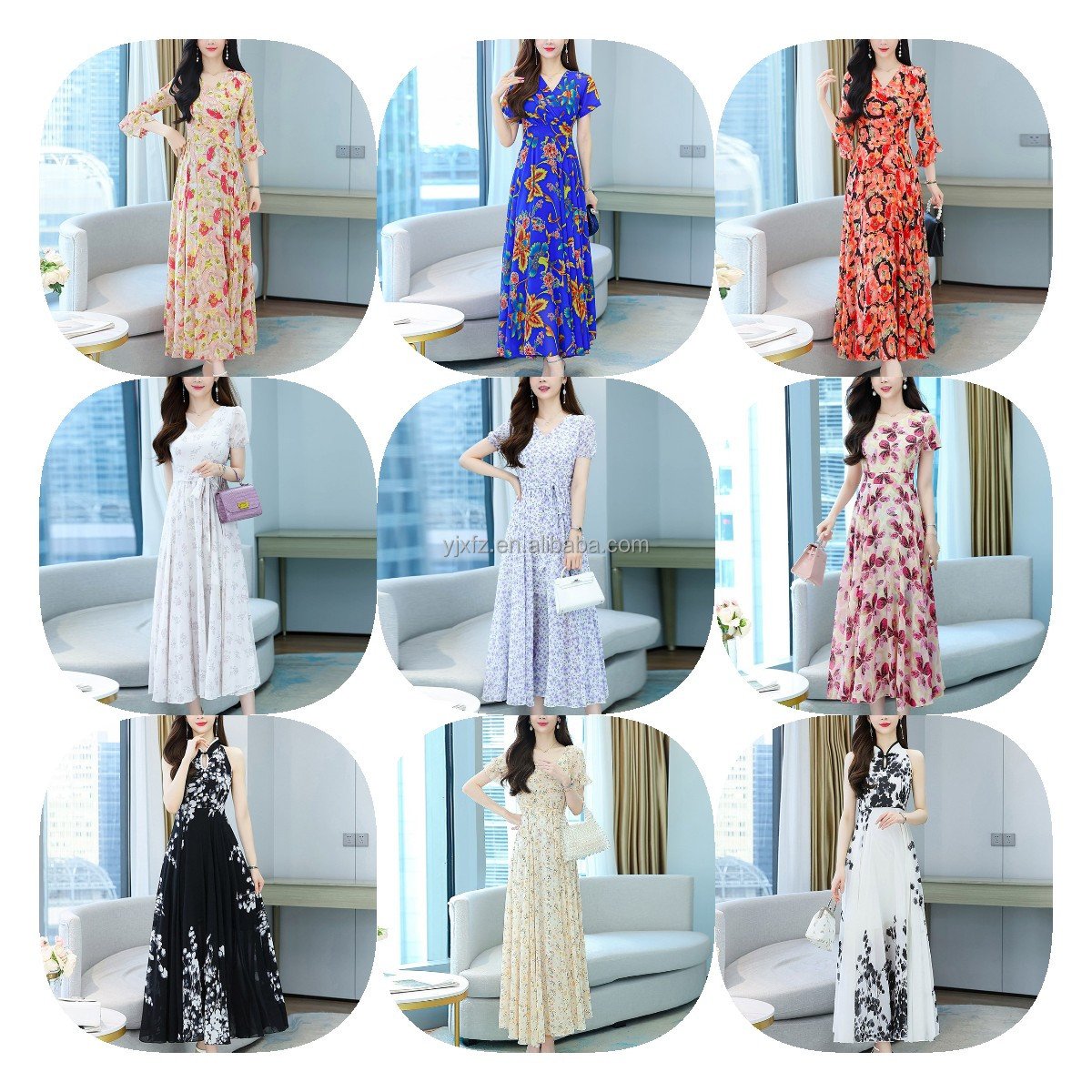 Summer Fair Lady Round Collar Waist Beach Skirt Chiffon Dress Of High Quality