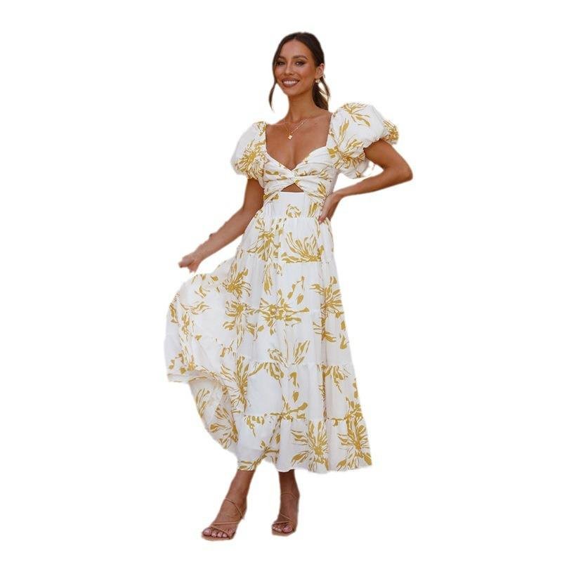 Hot Sale Summer Casual Slim Fit Various Printing Styles Floral Puff Sleeve Women Dress