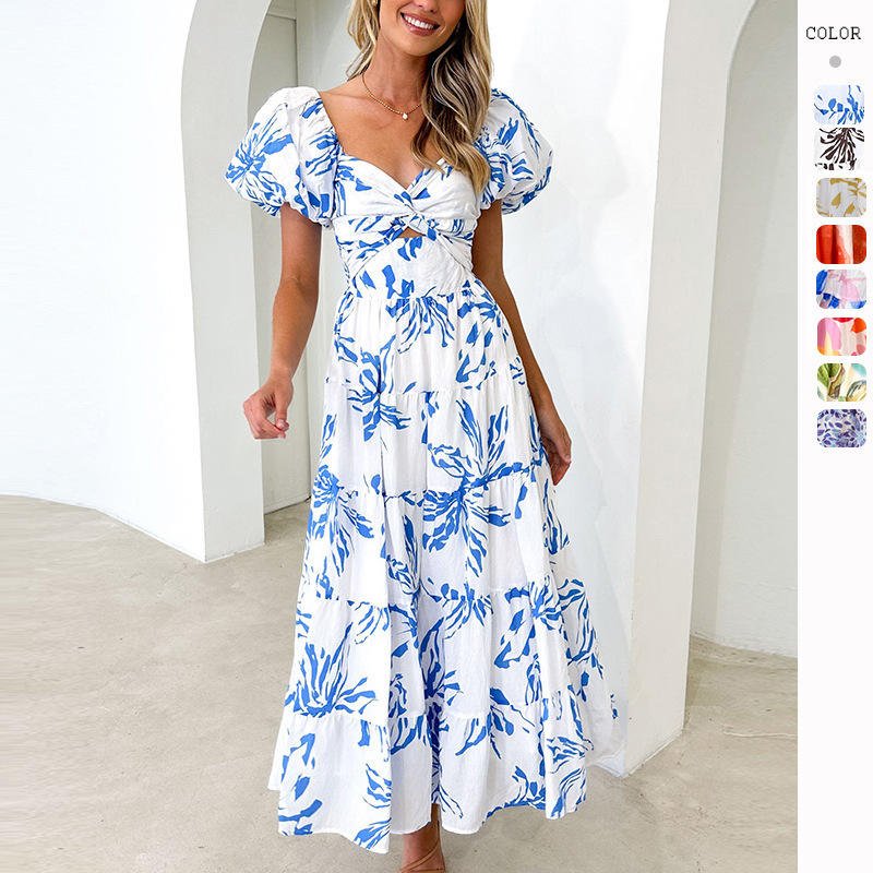 Hot Sale Summer Casual Slim Fit Various Printing Styles Floral Puff Sleeve Women Dress