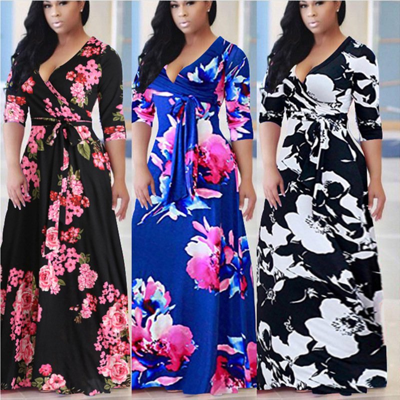 Plus size women's clothing mid sleeve womens dress fat V neck print lace-up waist ladies maxi skirt women casual dress