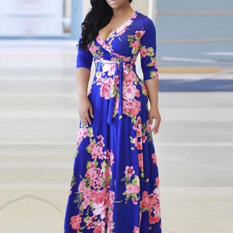 Plus size women's clothing mid sleeve womens dress fat V neck print lace-up waist ladies maxi skirt women casual dress