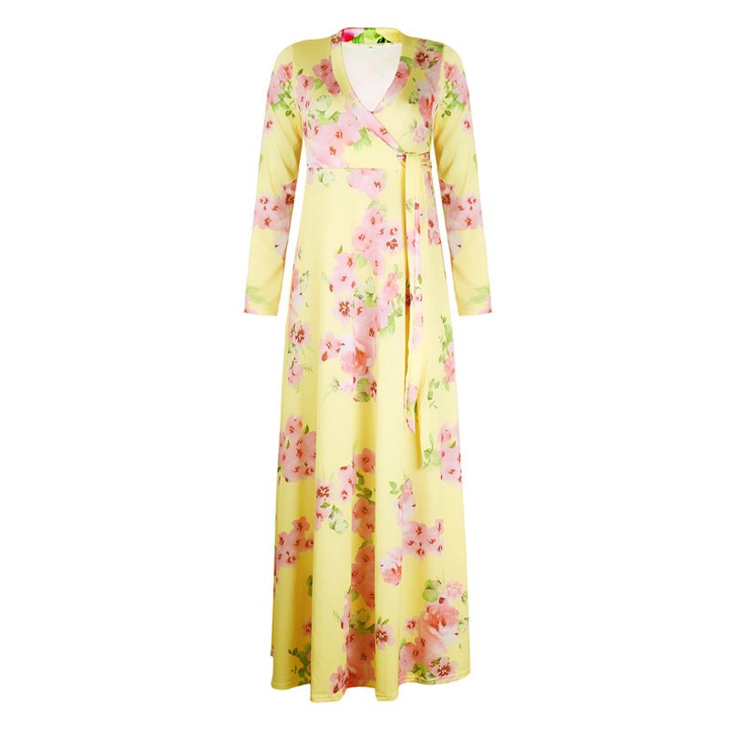 Plus size women's clothing mid sleeve womens dress fat V neck print lace-up waist ladies maxi skirt women casual dress