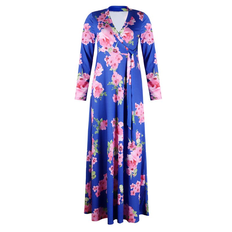 Plus size women's clothing mid sleeve womens dress fat V neck print lace-up waist ladies maxi skirt women casual dress