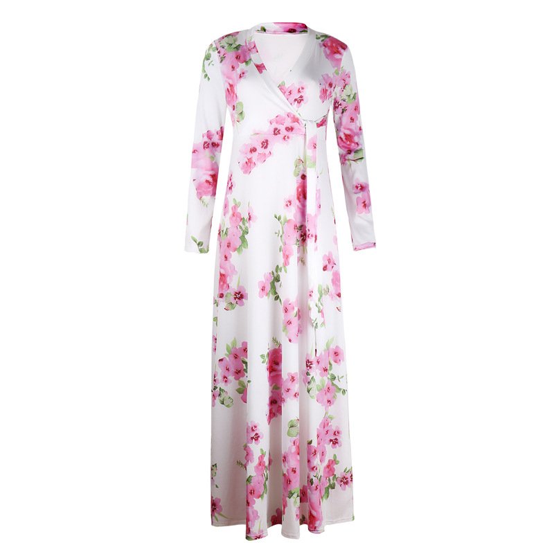 Plus size women's clothing mid sleeve womens dress fat V neck print lace-up waist ladies maxi skirt women casual dress