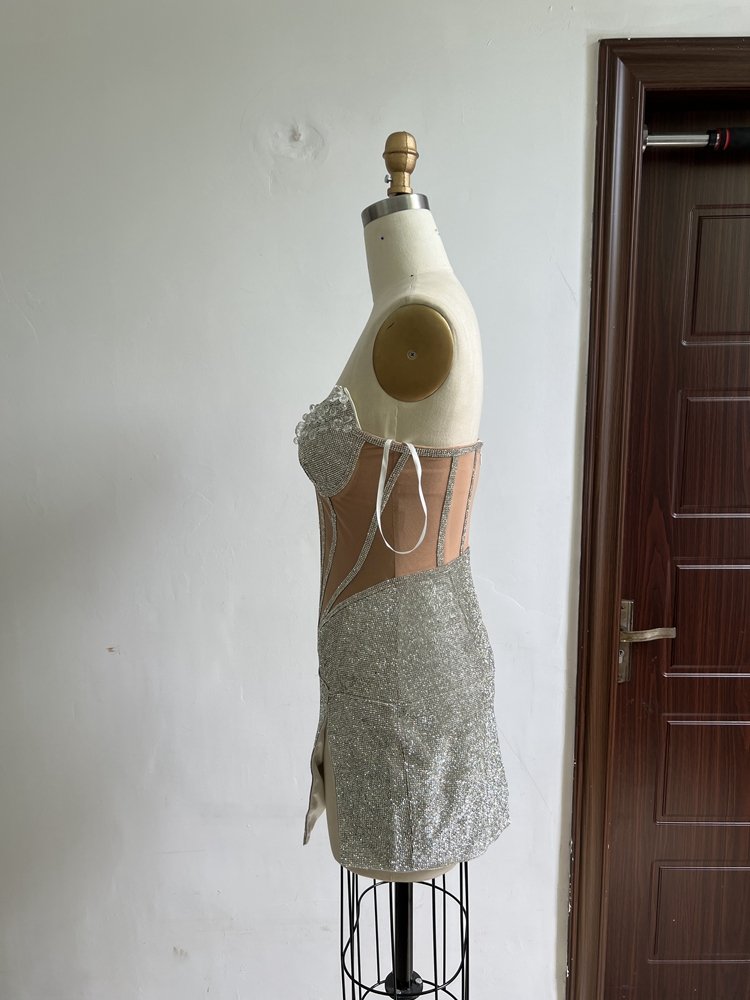 New Women Clothes Elegant Strapless Sleeveless Sexy Rhinestone Prom Party Casual Dresses
