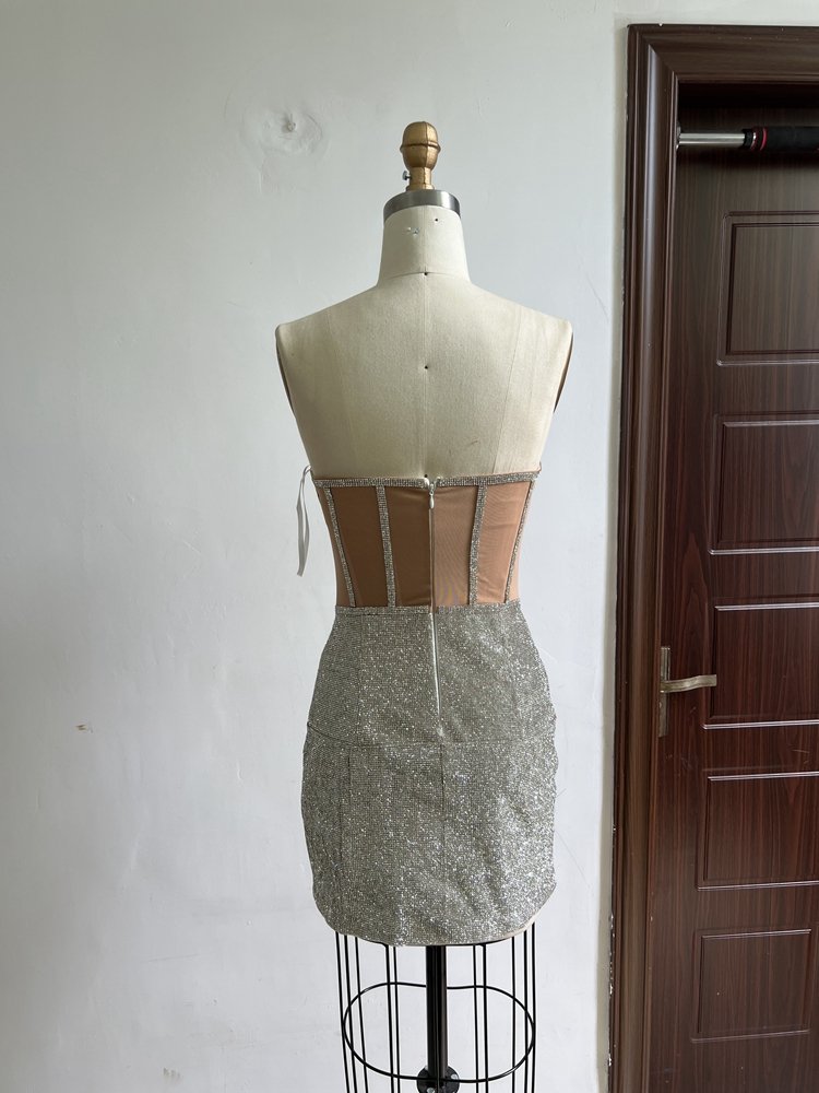 New Women Clothes Elegant Strapless Sleeveless Sexy Rhinestone Prom Party Casual Dresses