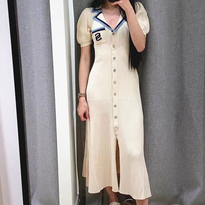 Hot Sale Knitted Casual Dress Ladies Bodycon Maxi Dresses Fashion Single-Breasted Embroidered Knit Long Khaki Dress for Women