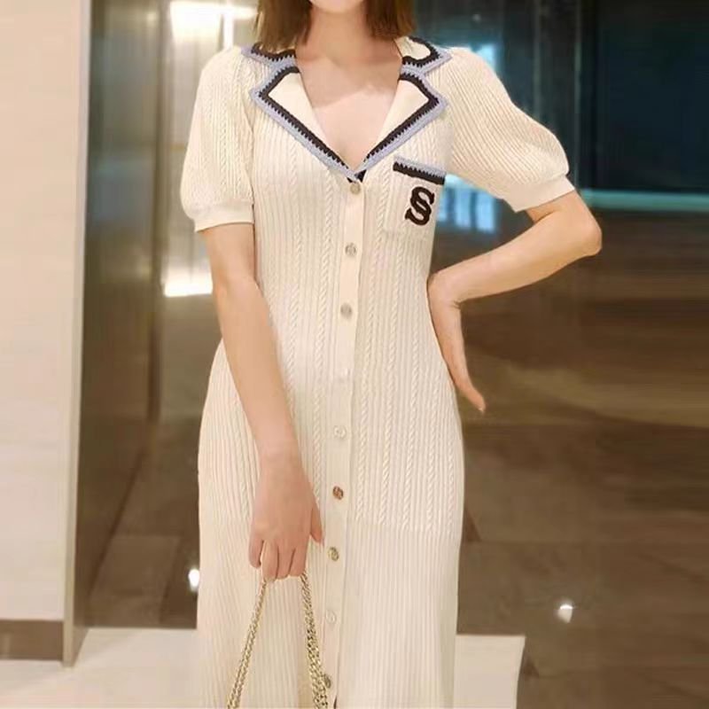 Hot Sale Knitted Casual Dress Ladies Bodycon Maxi Dresses Fashion Single-Breasted Embroidered Knit Long Khaki Dress for Women