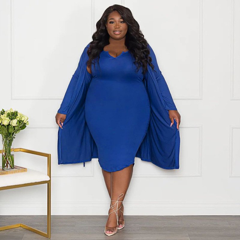 New Women's Plus Size Dress Two Piece Long Sleeve Knitted Long Coat Vest Dress Plus Size Women Clothing Two Pieces Set Dresses