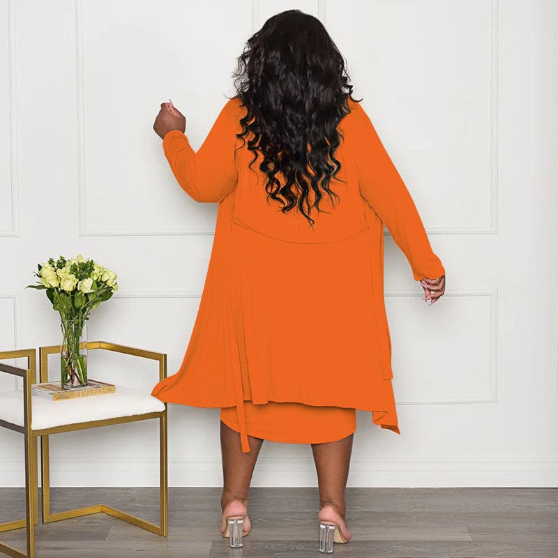 New Women's Plus Size Dress Two Piece Long Sleeve Knitted Long Coat Vest Dress Plus Size Women Clothing Two Pieces Set Dresses