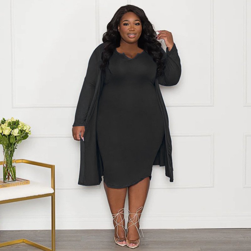 New Women's Plus Size Dress Two Piece Long Sleeve Knitted Long Coat Vest Dress Plus Size Women Clothing Two Pieces Set Dresses