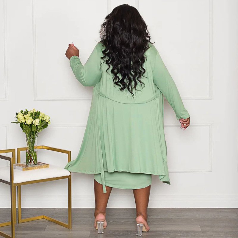 New Women's Plus Size Dress Two Piece Long Sleeve Knitted Long Coat Vest Dress Plus Size Women Clothing Two Pieces Set Dresses