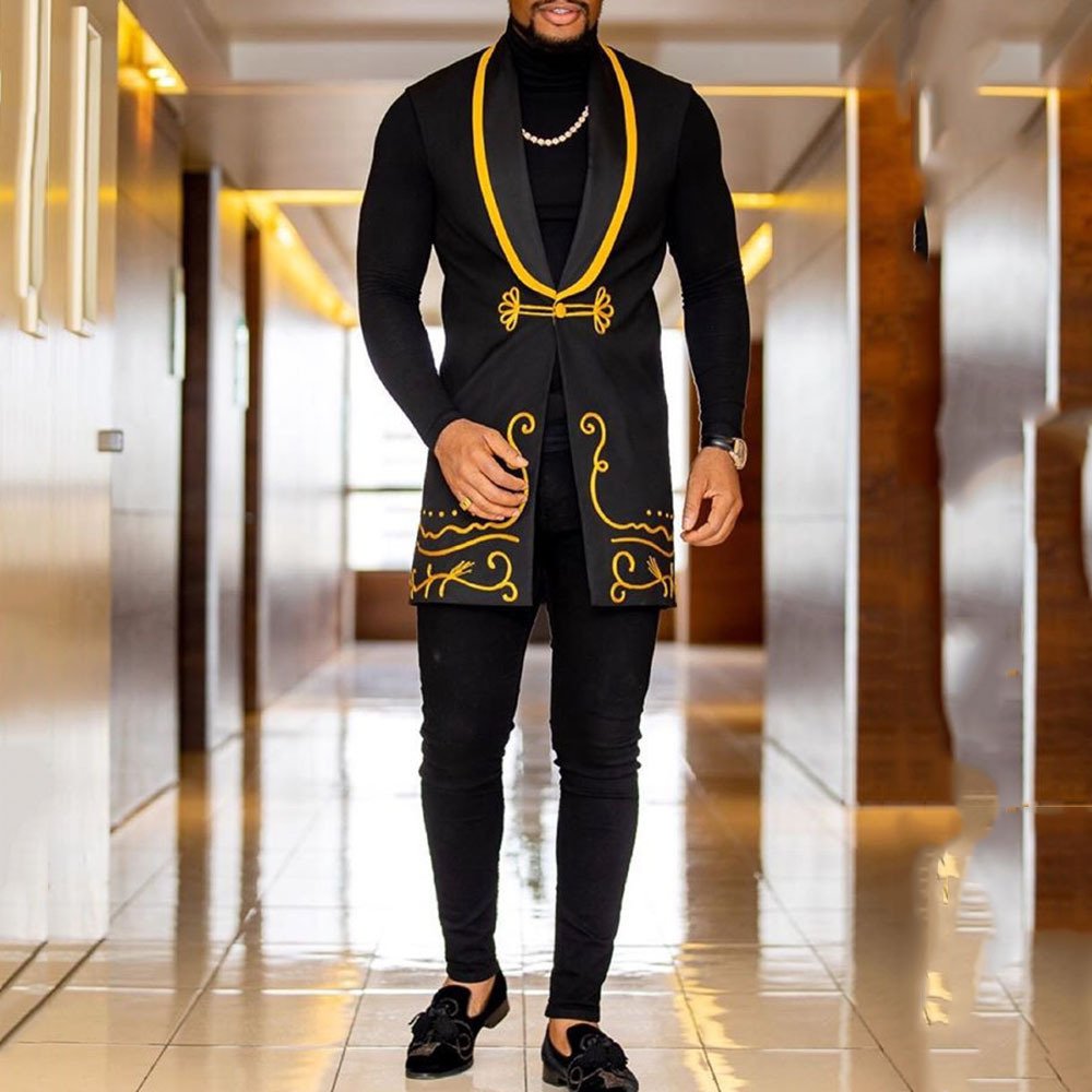africa suit vest clothing black casual lapel youth button decoration straight hem thobe men muslim