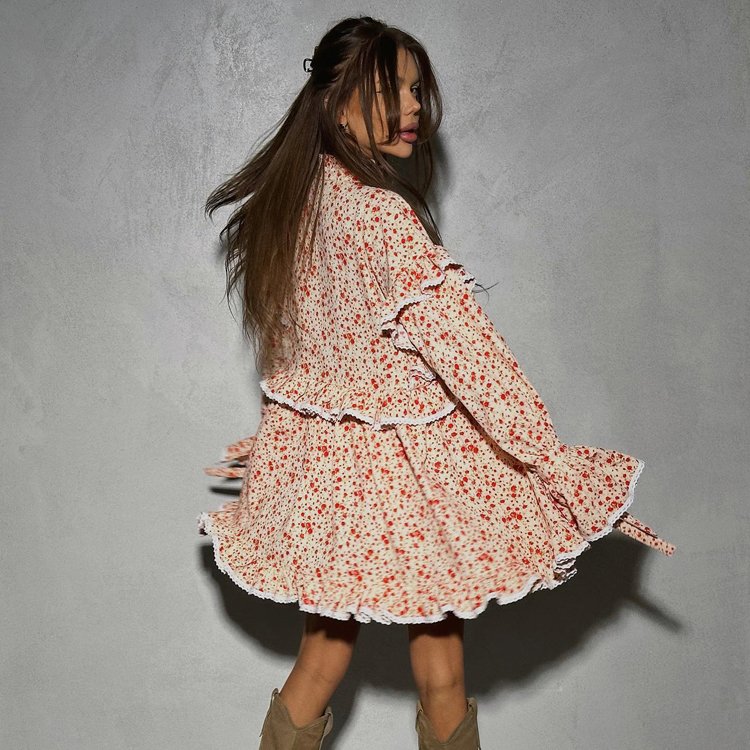 Spring Fall Ladies Clothing Loose A Line Flare Long Sleeve Lace Up Ruffle Short Dress Fashion Casual Floral Print Dresses Women