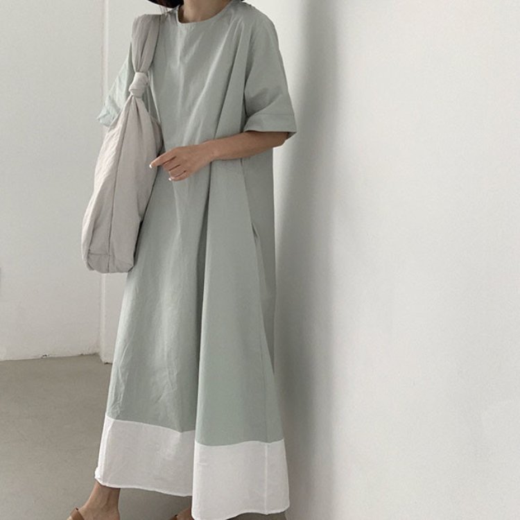 Hot Selling Korean Dresses Small And Minimalist Round Neck Patchwork Contrasting Loose Casual Dress