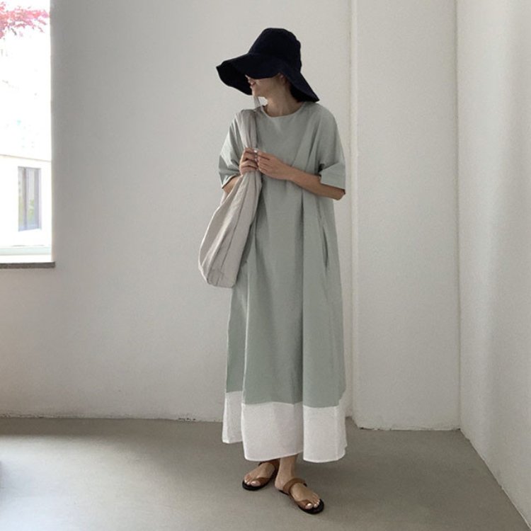 Hot Selling Korean Dresses Small And Minimalist Round Neck Patchwork Contrasting Loose Casual Dress