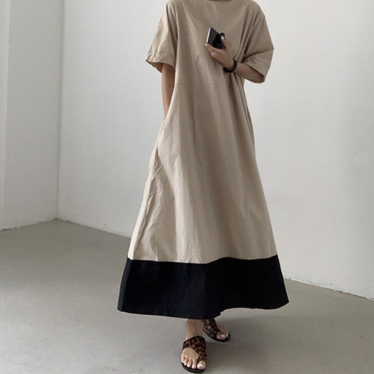 Hot Selling Korean Dresses Small And Minimalist Round Neck Patchwork Contrasting Loose Casual Dress