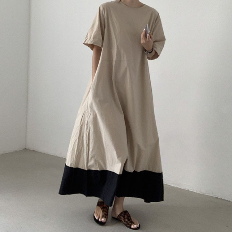 Hot Selling Korean Dresses Small And Minimalist Round Neck Patchwork Contrasting Loose Casual Dress