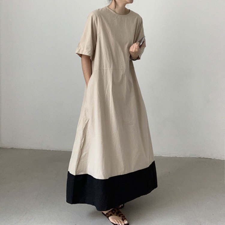 Hot Selling Korean Dresses Small And Minimalist Round Neck Patchwork Contrasting Loose Casual Dress