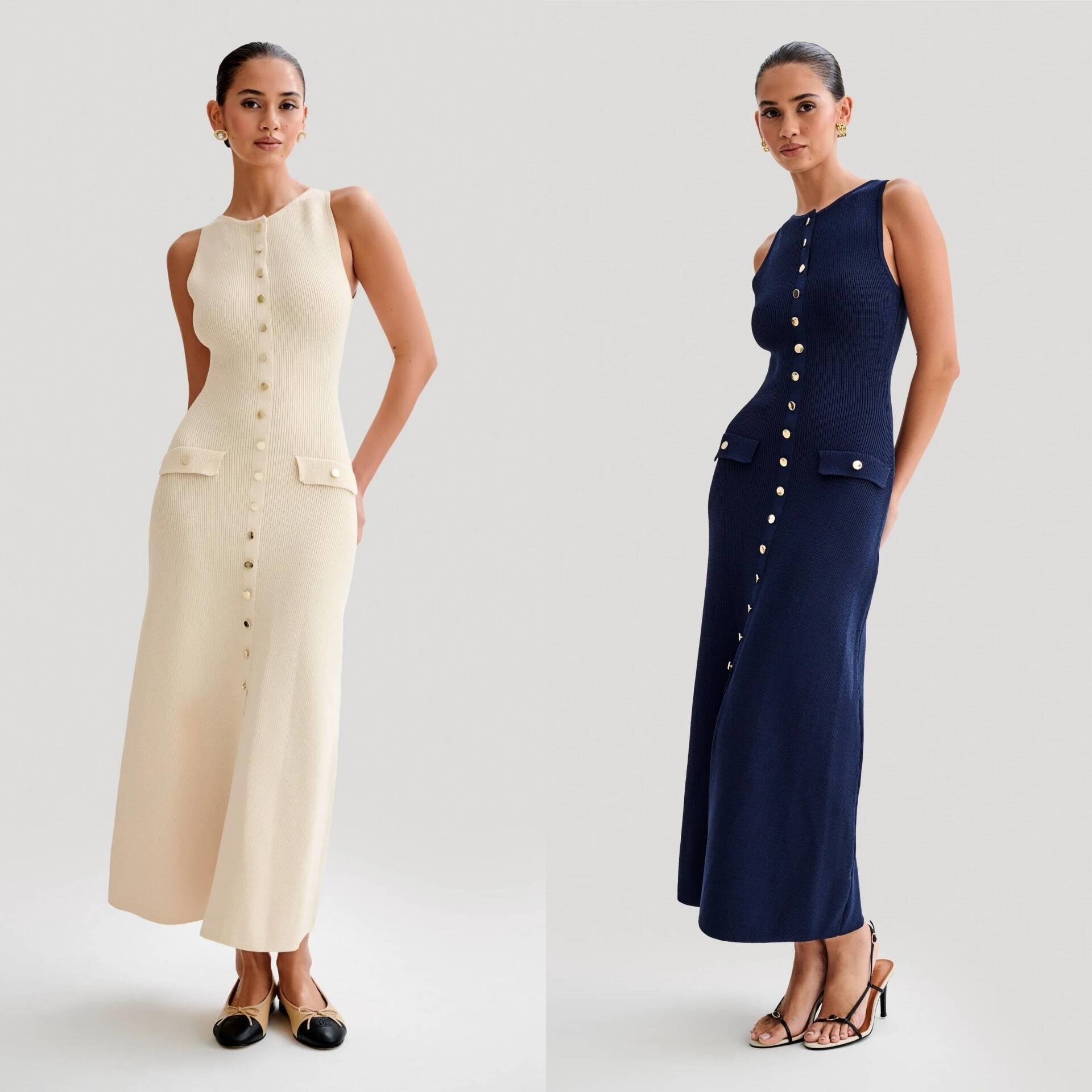Wholesale fashion elegant sleeveless dress casual knitted midi dresses women lady elegant