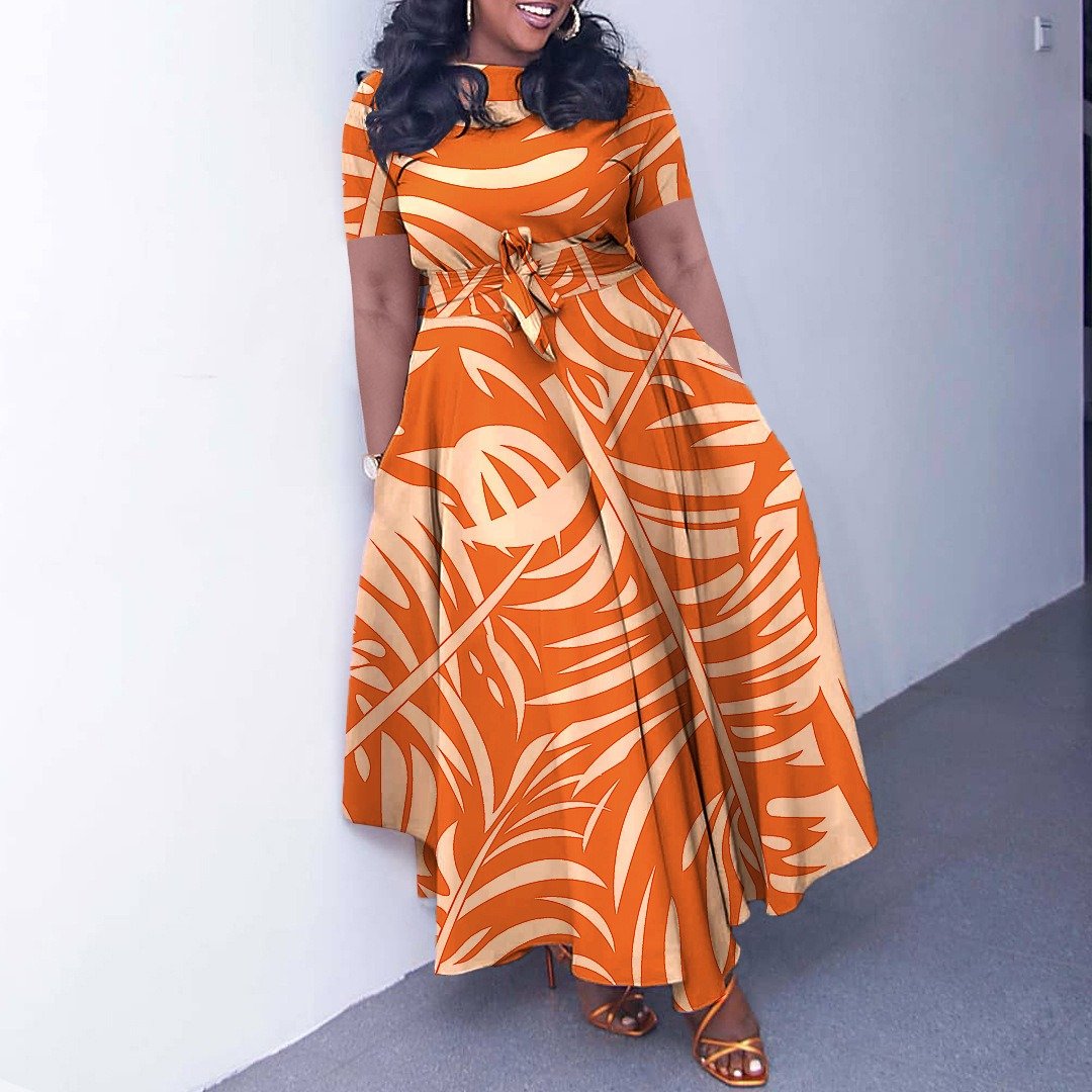 QuiteS 2024 Summer New Lace-Up African Large Size Long Skirt 5xl Plus Size Loose Casual Short Sleeve Maxi Dress For Women
