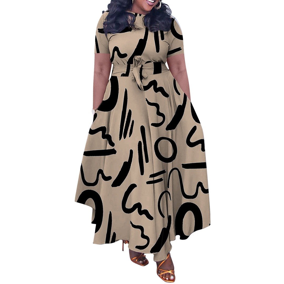 QuiteS 2024 Summer New Lace-Up African Large Size Long Skirt 5xl Plus Size Loose Casual Short Sleeve Maxi Dress For Women