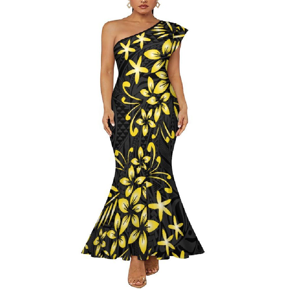 Hawaiian Tropical Style Design Custom Plumeria Hibiscus Printing Fashion Trendy Casual Diagonal Shoulder Fishtail Dress
