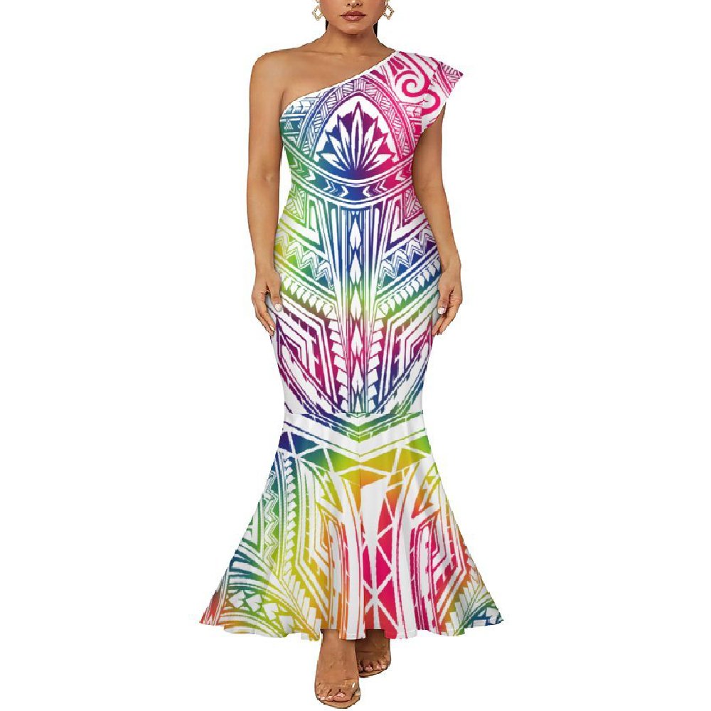 Hawaiian Tropical Style Design Custom Plumeria Hibiscus Printing Fashion Trendy Casual Diagonal Shoulder Fishtail Dress