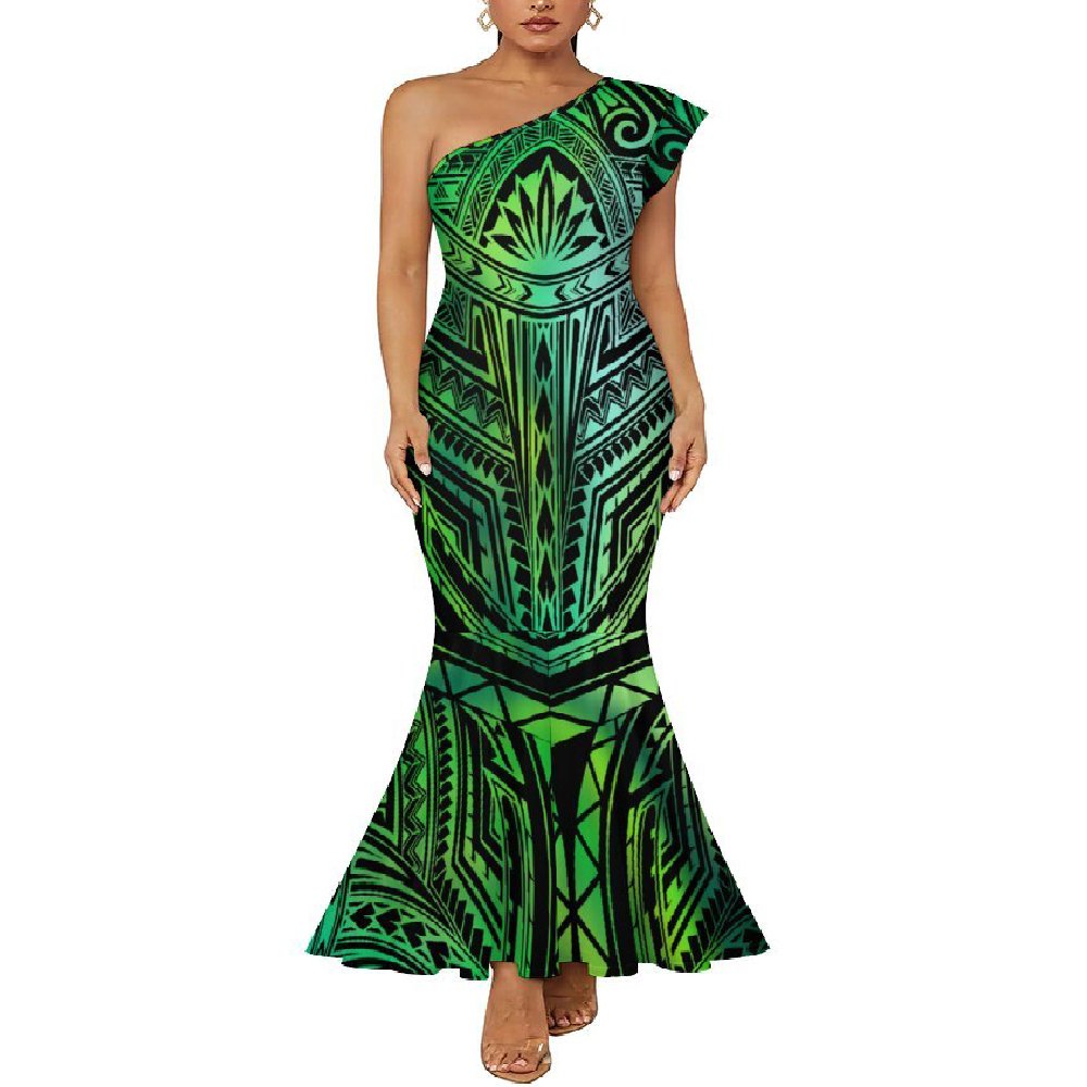 Hawaiian Tropical Style Design Custom Plumeria Hibiscus Printing Fashion Trendy Casual Diagonal Shoulder Fishtail Dress