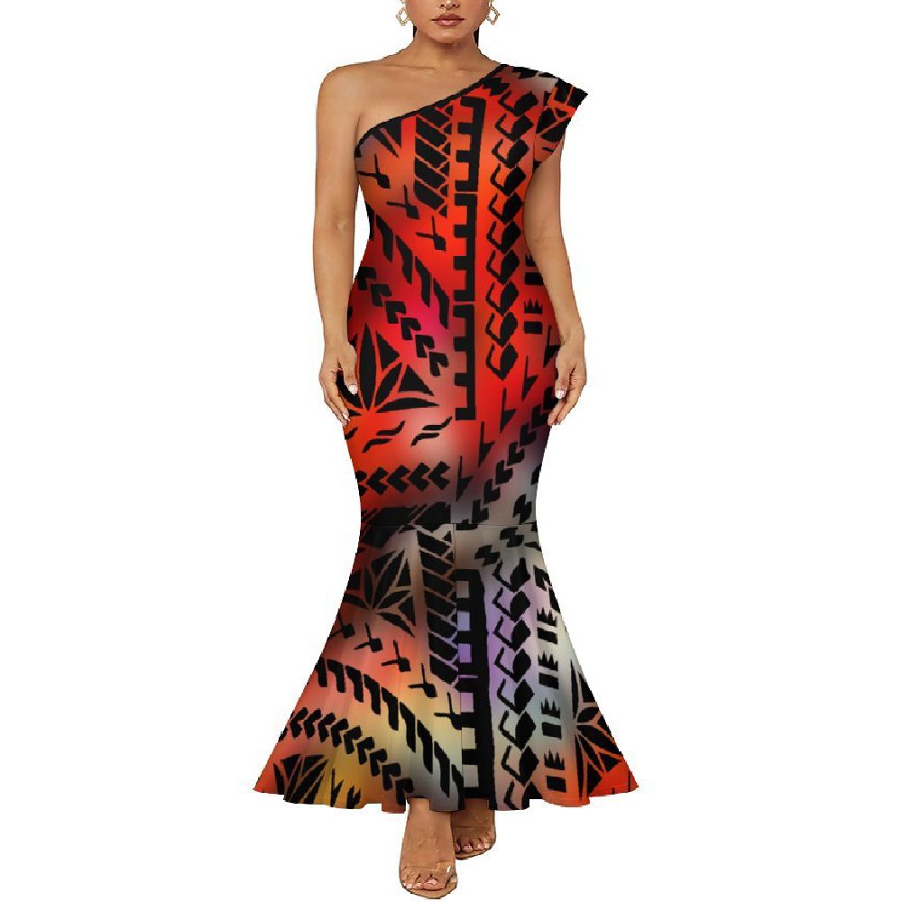 Hawaiian Tropical Style Design Custom Plumeria Hibiscus Printing Fashion Trendy Casual Diagonal Shoulder Fishtail Dress