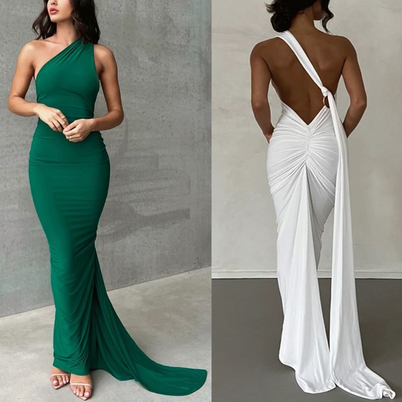 OEM Women Halter Neck One Shoulder Backless Long Maxi Casual Dress Open Back Ruched Guest Women Maxi Dress