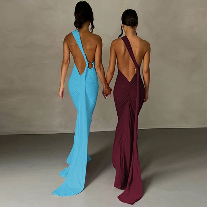 OEM Women Halter Neck One Shoulder Backless Long Maxi Casual Dress Open Back Ruched Guest Women Maxi Dress