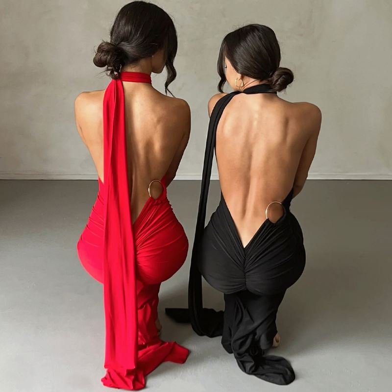 OEM Women Halter Neck One Shoulder Backless Long Maxi Casual Dress Open Back Ruched Guest Women Maxi Dress