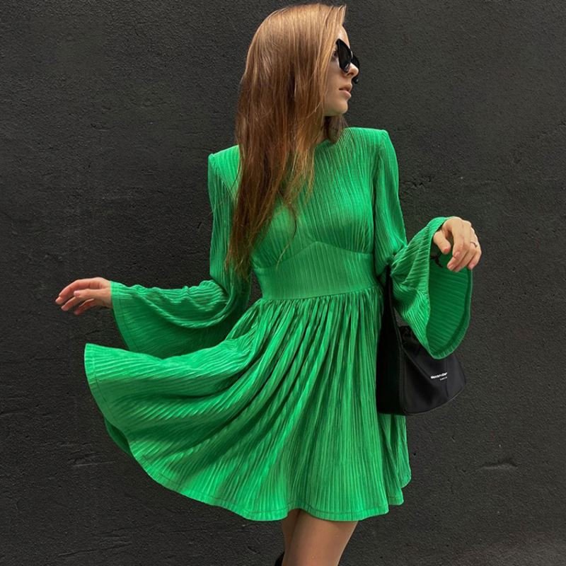 Wholesale Fashion Clothes Solid Color Ladies Mini Casual Dress Flare Sleeve Pleated Womens High Waist Casual Dress