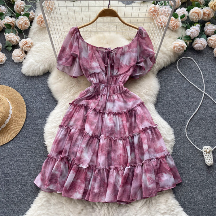 Short Sleeve Square Collar Print A-Line Dress Summer Simple High Waist Mini Dress Ladies Casual Dress Clothes Women Wholesale