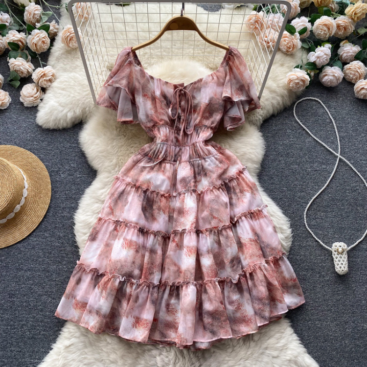 Short Sleeve Square Collar Print A-Line Dress Summer Simple High Waist Mini Dress Ladies Casual Dress Clothes Women Wholesale