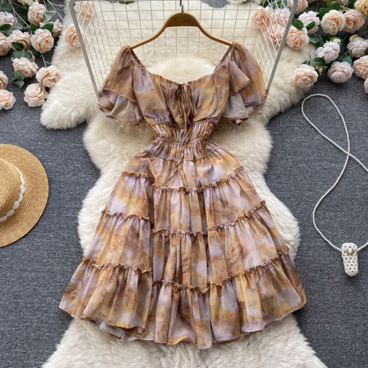 Short Sleeve Square Collar Print A-Line Dress Summer Simple High Waist Mini Dress Ladies Casual Dress Clothes Women Wholesale
