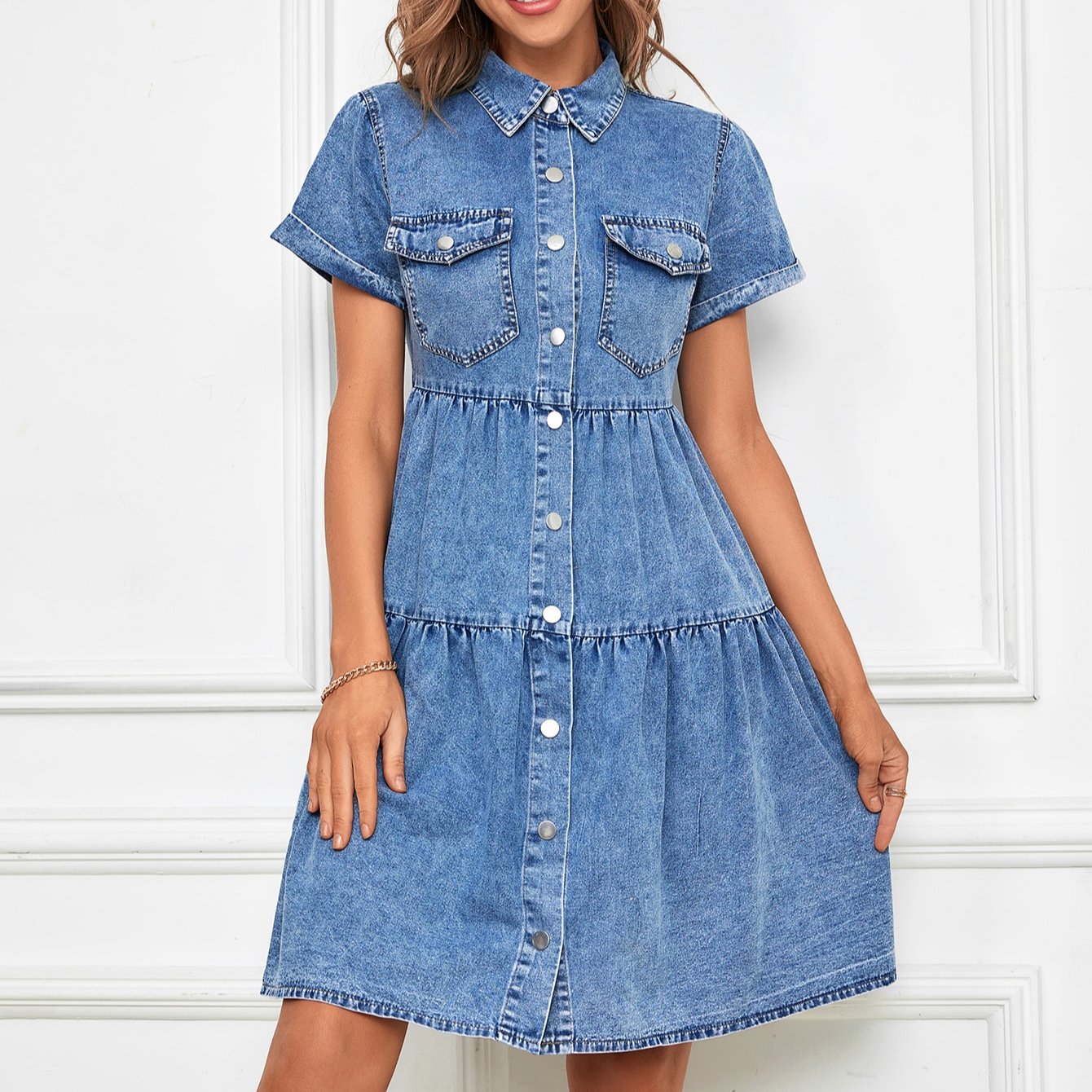 2022 summer Flap Pocket Button Up Denim Dress