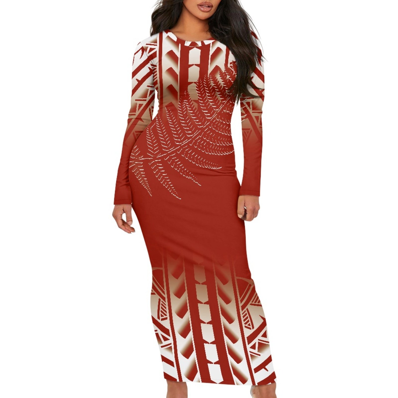 Elegant Hawaiian Tribal Leaf Design Womens Maxi Dresses Long Sleeve Round Neck Casual Fall Sweater Dress Bodycon Long Midi Dress