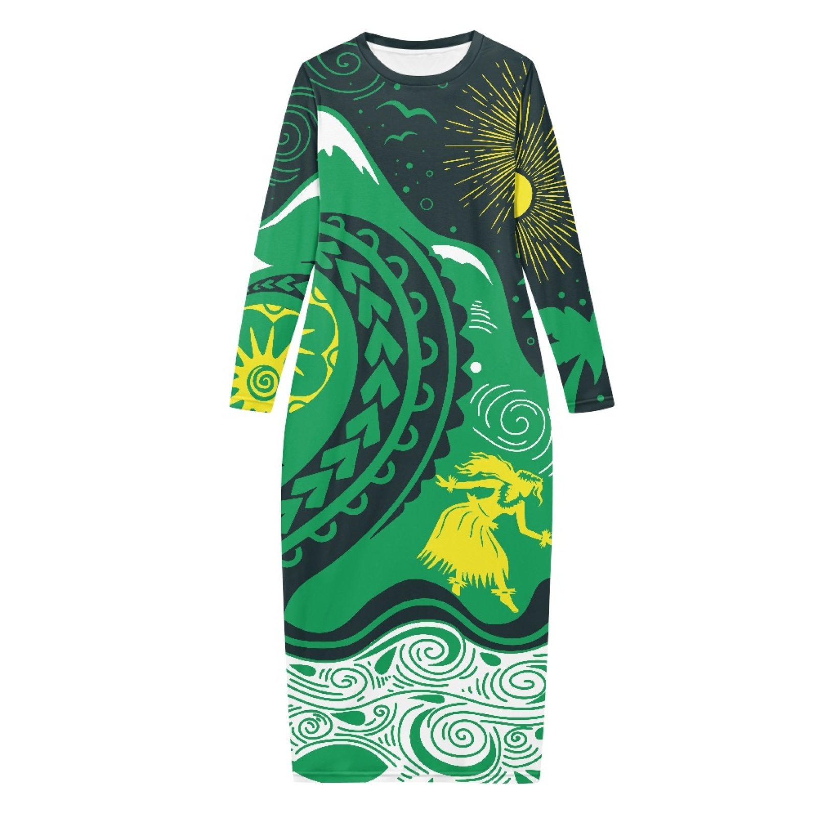 Elegant Hawaiian Tribal Leaf Design Womens Maxi Dresses Long Sleeve Round Neck Casual Fall Sweater Dress Bodycon Long Midi Dress