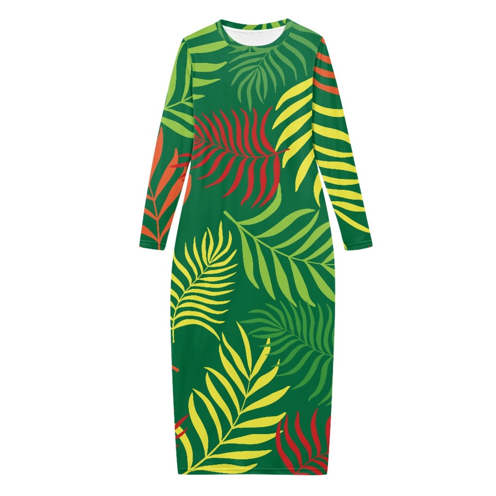 Elegant Hawaiian Tribal Leaf Design Womens Maxi Dresses Long Sleeve Round Neck Casual Fall Sweater Dress Bodycon Long Midi Dress
