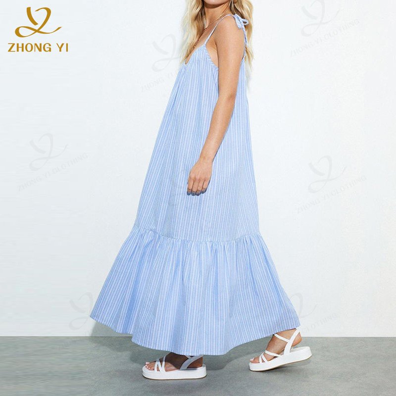 Garment Manufacturers Custom 2024 Summer Women Solid Color Striped Shoulder Strap Maxi Cotton Elegant Casual Dresses For Beach