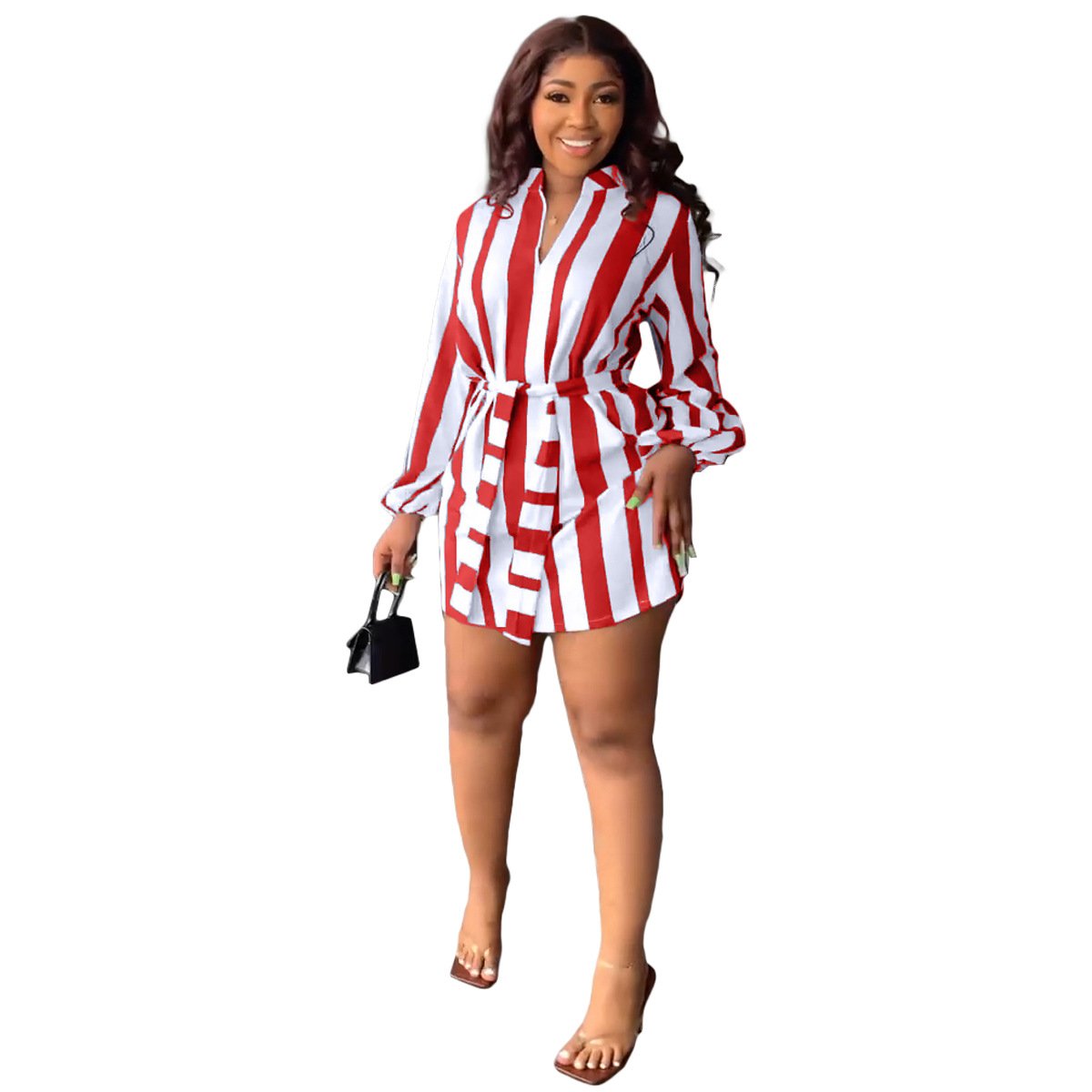 High Quality Summer Fashion Long Sleeve striped print V-neck shirt casual dress For Women