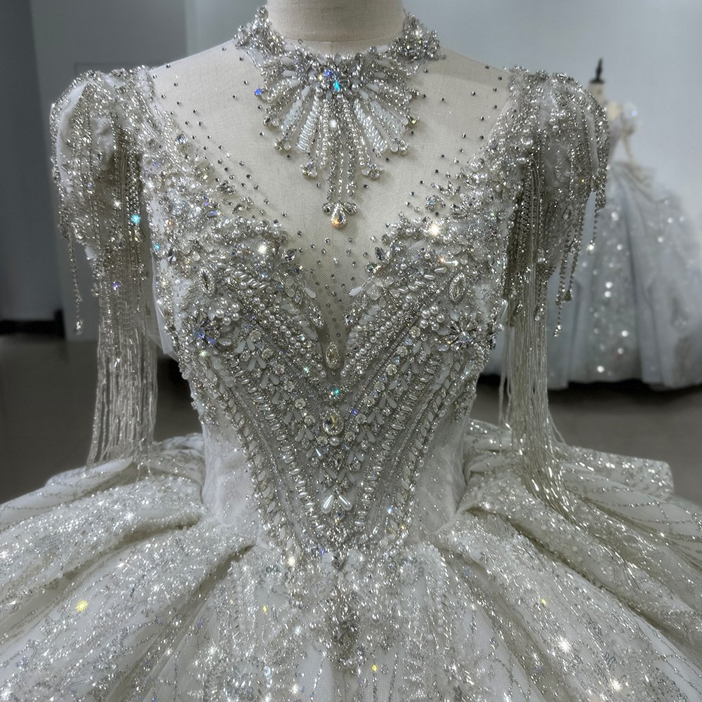 Jancember XS062 Crystal Tassel Short Sleeve Bridal Wedding Dresses With Long Tail